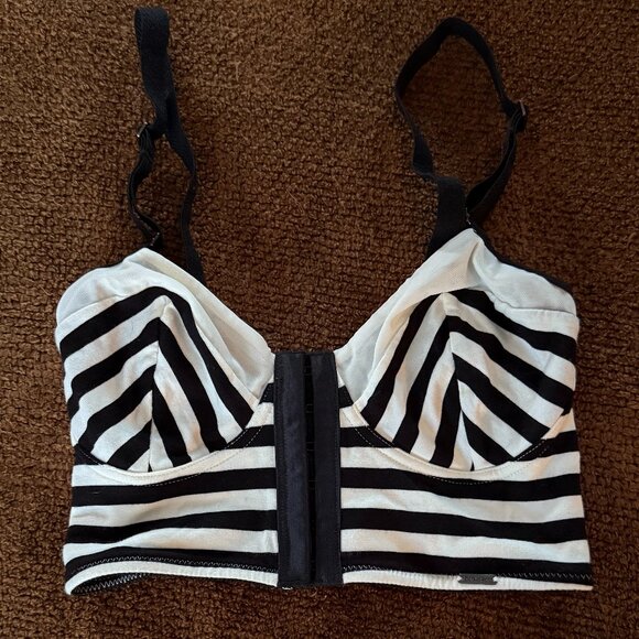 EUC Vintage Kensie Black & Cream Stripe Longline Front-Close Bralette - Picture 1 of 8